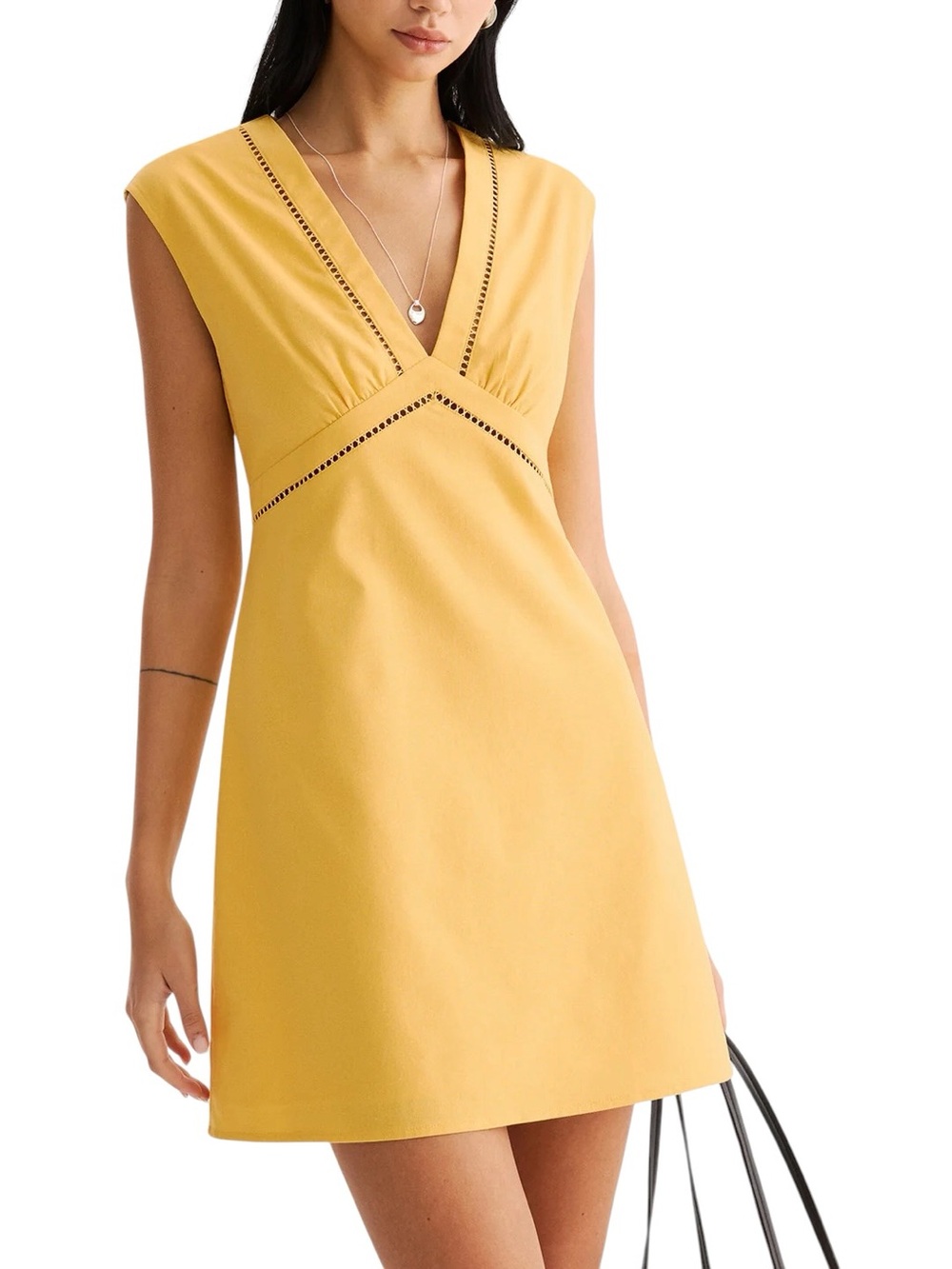 Commense Linen Blend Eyelet Trim Yellow Mini Dress Small NWT